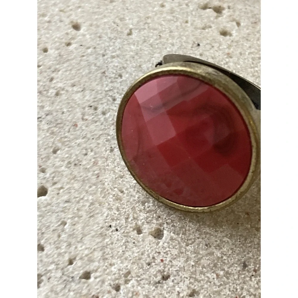 Antiqued Brass Tone Ring Large Red Faceted Cabochon Statement Chunky Renaissance